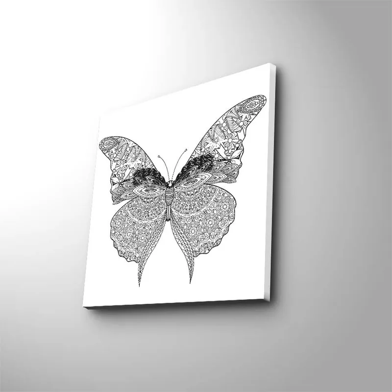 Canvastavla 45x45 cm - Detaljerad svartvit fjäril med intrikata mönster, Svart / Vitt