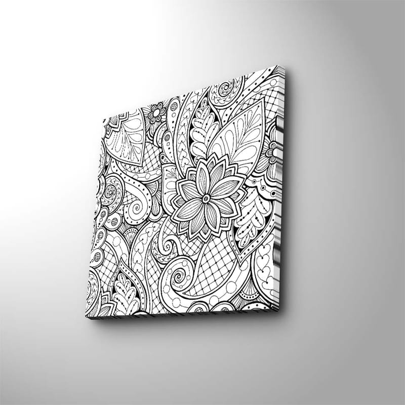 Canvastavla 45x45 cm - Detaljerad svartvit mönsterdesign med blommor och svängda linjer - Svart / Vitt - Inredning & dekor - Tavlor & konst - Canvastavla