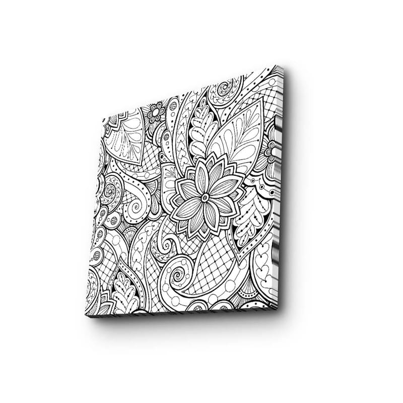 Canvastavla 45x45 cm - Detaljerad svartvit mönsterdesign med blommor och svängda linjer, Svart / Vitt