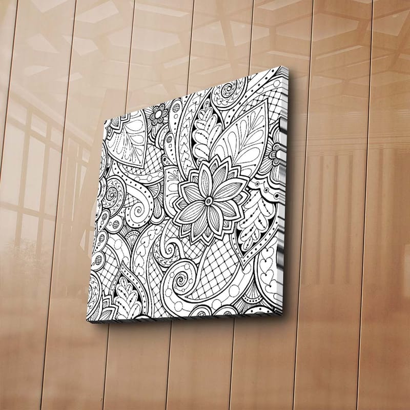 Canvastavla 45x45 cm - Detaljerad svartvit mönsterdesign med blommor och svängda linjer - Svart / Vitt - Inredning & dekor - Tavlor & konst - Canvastavla