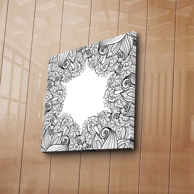 Canvastavla 45x45 cm - Detaljerad svartvit mönsterkomposition med blommor och svängda linjer - Svart / Vitt - Inredning & dekor - Tavlor & konst - Canvastavla