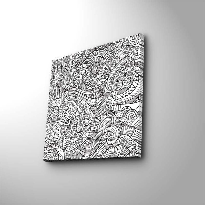 Canvastavla 45x45 cm - Detaljerad svartvit mönsterkomposition med blommor och svängda linjer - Svart / Vitt - Inredning & dekor - Tavlor & konst - Canvastavla
