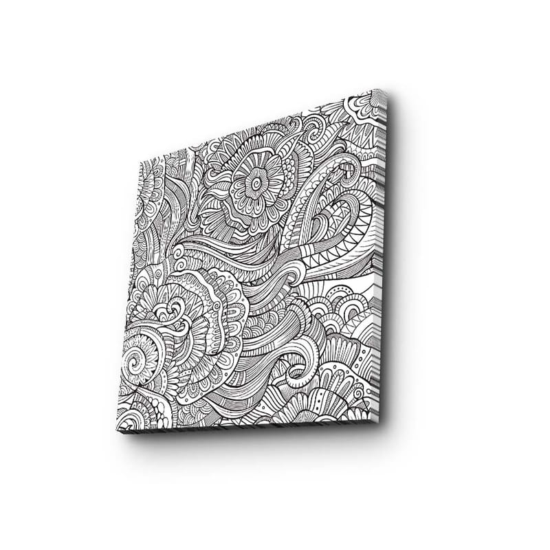 Canvastavla 45x45 cm - Detaljerad svartvit mönsterkomposition med blommor och svängda linjer, Svart / Vitt