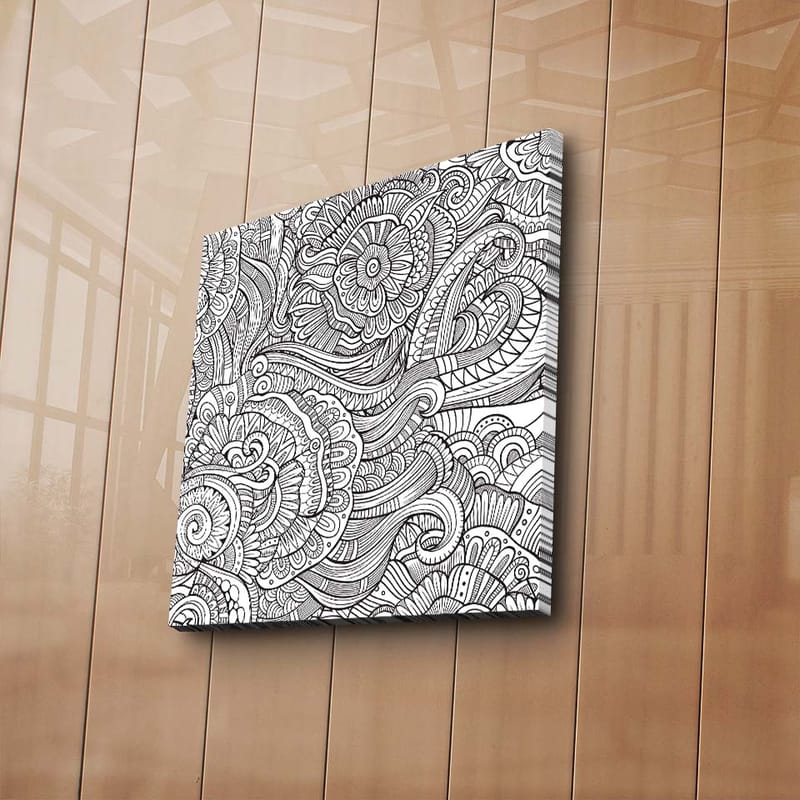 Canvastavla 45x45 cm - Detaljerad svartvit mönsterkomposition med blommor och svängda linjer - Svart / Vitt - Inredning & dekor - Tavlor & konst - Canvastavla