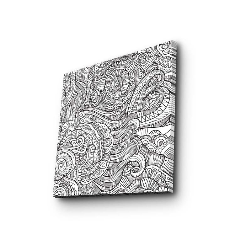 Canvastavla 45x45 cm - Detaljerad svartvit mönsterkomposition med blommor och svängda linjer, Svart / Vitt