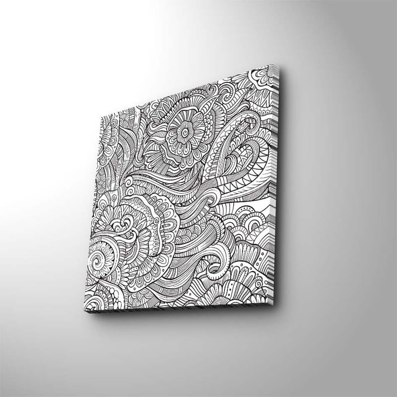 Canvastavla 45x45 cm - Detaljerad svartvit mönsterkomposition med blommor och svängda linjer - Svart / Vitt - Inredning & dekor - Tavlor & konst - Canvastavla