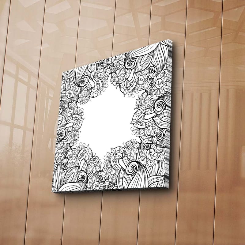 Canvastavla 45x45 cm - Detaljerad svartvit mönsterkomposition med blommor och svängda linjer - Svart / Vitt - Inredning & dekor - Tavlor & konst - Canvastavla