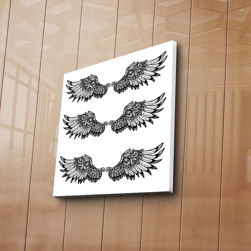 Canvastavla 45x45 cm - Detaljerade fjädrar i en symmetrisk komposition av vingar - Svart / Vitt - Inredning & dekor - Tavlor & konst - Canvastavla