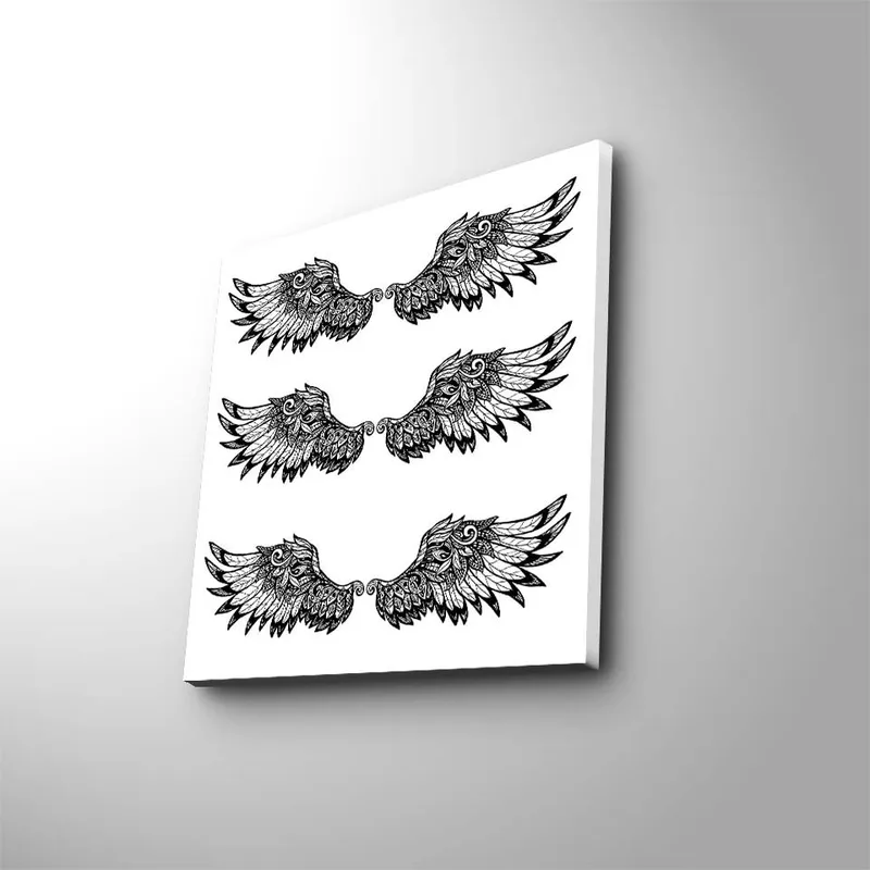 Canvastavla 45x45 cm - Detaljerade fjädrar i en symmetrisk komposition av vingar, Svart / Vitt