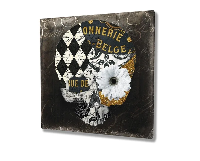 Canvastavla 45x45 cm - Dödskalle med blommor och geometriska mönster - Svart / Vitt / Gult - Inredning & dekor - Tavlor & konst - Canvastavla