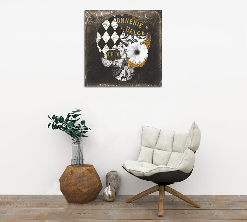 Canvastavla 45x45 cm - Dödskalle med blommor och geometriska mönster - Svart / Vitt / Gult - Inredning & dekor - Tavlor & konst - Canvastavla
