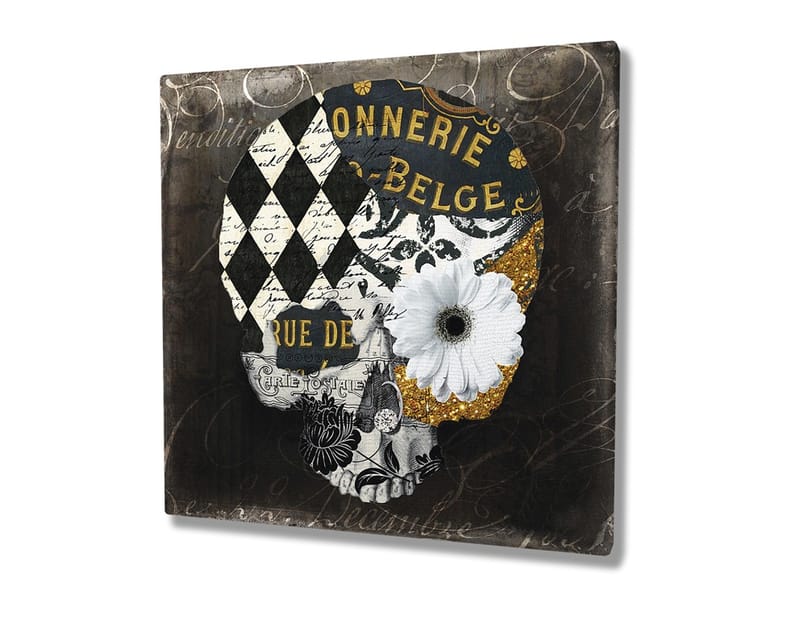 Canvastavla 45x45 cm - Dödskalle med blommor och geometriska mönster - Svart / Vitt / Gult - Inredning & dekor - Tavlor & konst - Canvastavla