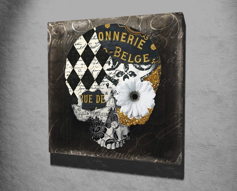 Canvastavla 45x45 cm - Dödskalle med blommor och geometriska mönster - Svart / Vitt / Gult - Inredning & dekor - Tavlor & konst - Canvastavla