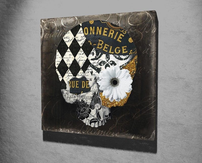 Canvastavla 45x45 cm - Dödskalle med blommor och geometriska mönster - Svart / Vitt / Gult - Inredning & dekor - Tavlor & konst - Canvastavla