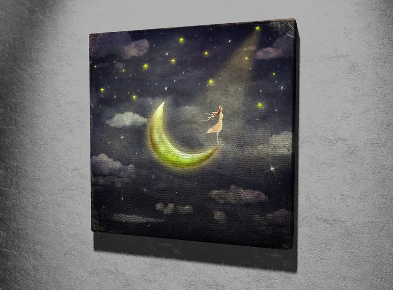 Canvastavla 45x45 cm - Drömlik scen med en kvinna som står på en måne i stjärnklara natten - Mörkblå / Grön / Vit - Inredning & dekor - Tavlor & konst - Canvastavla
