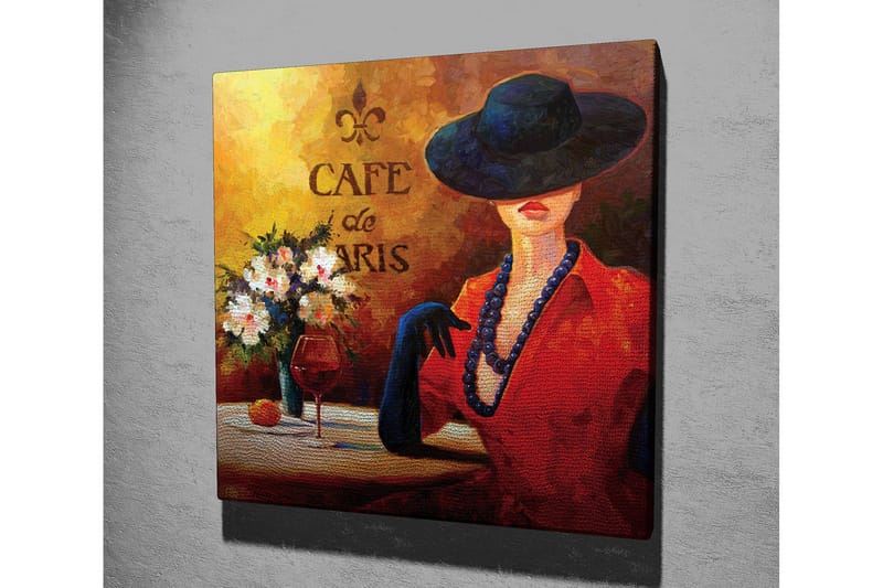 Canvastavla 45x45 cm - Elegant kvinna med hatt och röd klänning vid ett cafébord - Röd / Svart / Vit - Inredning & dekor - Tavlor & konst - Canvastavla