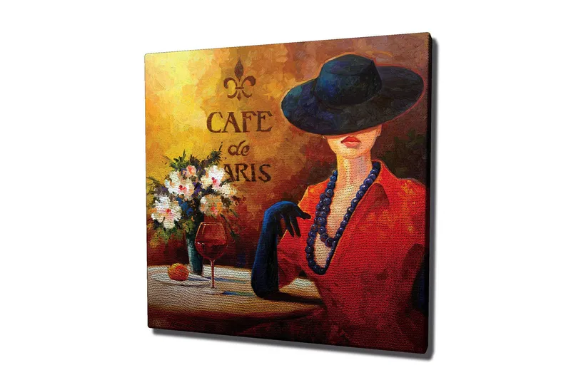 Canvastavla 45x45 cm - Elegant kvinna med hatt och röd klänning vid ett cafébord, Röd / Svart / Vit