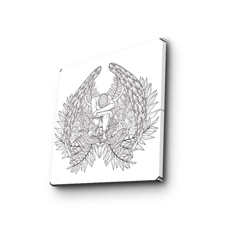 Canvastavla 45x45 cm - Fantasifullt motiv med en figur omgiven av stora, detaljerade vingar och växtlighet - Svart / Grå / Vit - Inredning & dekor - Tavlor & konst - Canvastavla