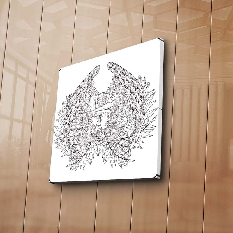 Canvastavla 45x45 cm - Fantasifullt motiv med en figur omgiven av stora, detaljerade vingar och växtlighet - Svart / Grå / Vit - Inredning & dekor - Tavlor & konst - Canvastavla