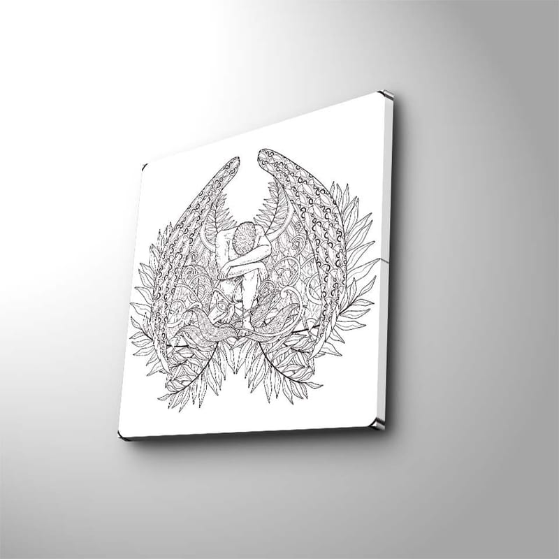 Canvastavla 45x45 cm - Fantasifullt motiv med en figur omgiven av stora, detaljerade vingar och växtlighet - Svart / Grå / Vit - Inredning & dekor - Tavlor & konst - Canvastavla