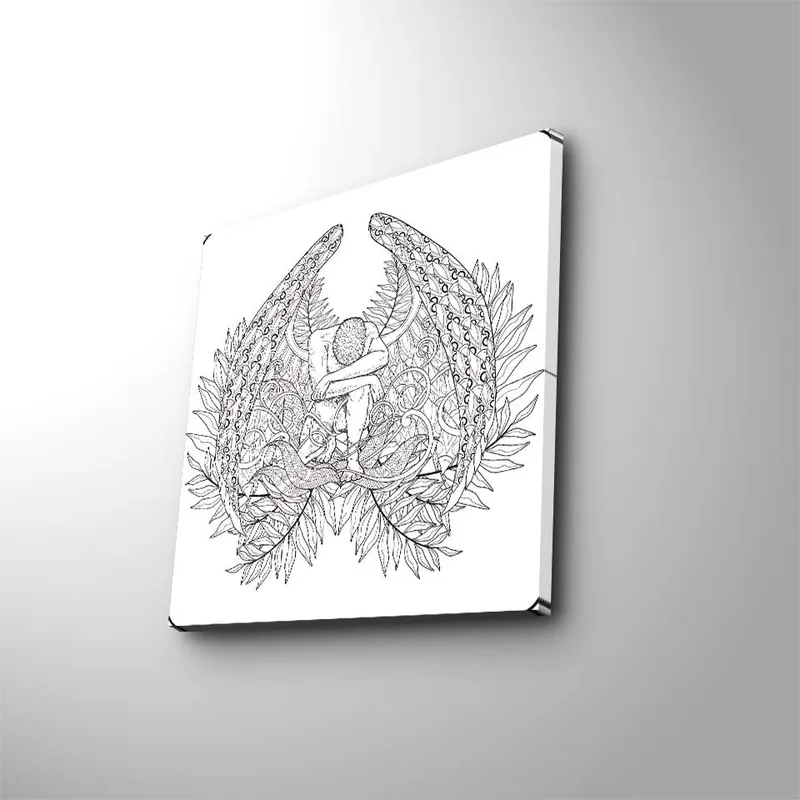 Canvastavla 45x45 cm - Fantasifullt motiv med en figur omgiven av stora, detaljerade vingar och växtlighet, Svart / Grå / Vit