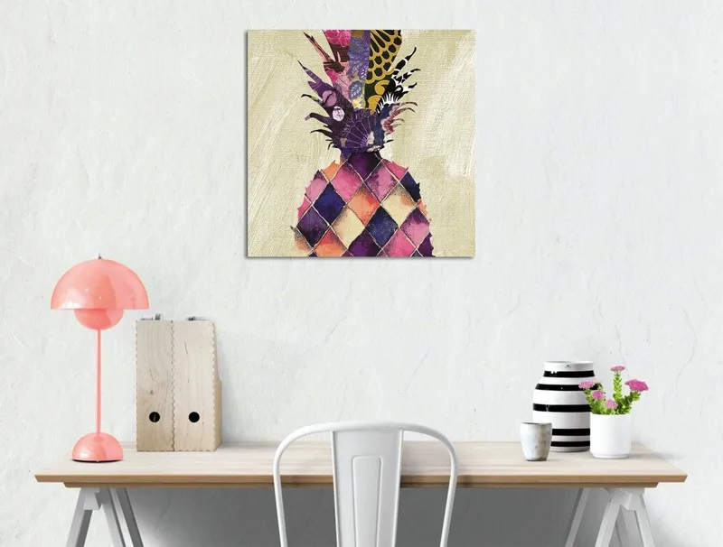 Canvastavla 45x45 cm - Färgglad ananas med geometriska mönster, Lila / Gul / Rosa