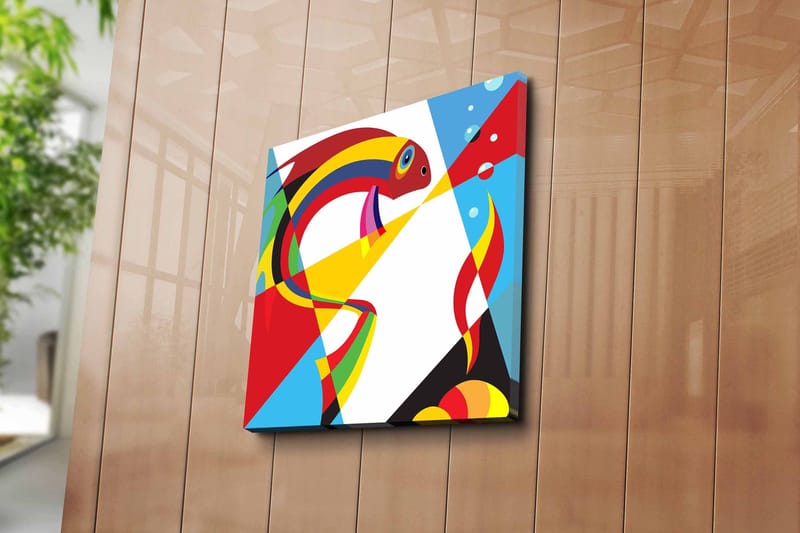 Canvastavla 45x45 cm - Färgglad fisk i abstrakt stil - Röd / Gul / Blå - Inredning & dekor - Tavlor & konst - Canvastavla
