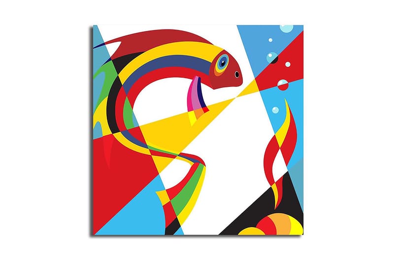 Canvastavla 45x45 cm - Färgglad fisk i abstrakt stil, Röd / Gul / Blå