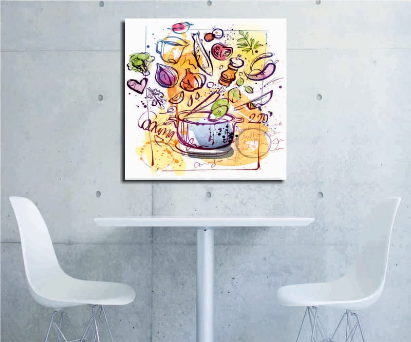 Canvastavla 45x45 cm - Färgglad komposition med köksredskap och grönsaker - Grön / Lila / Orange - Inredning & dekor - Tavlor & konst - Canvastavla