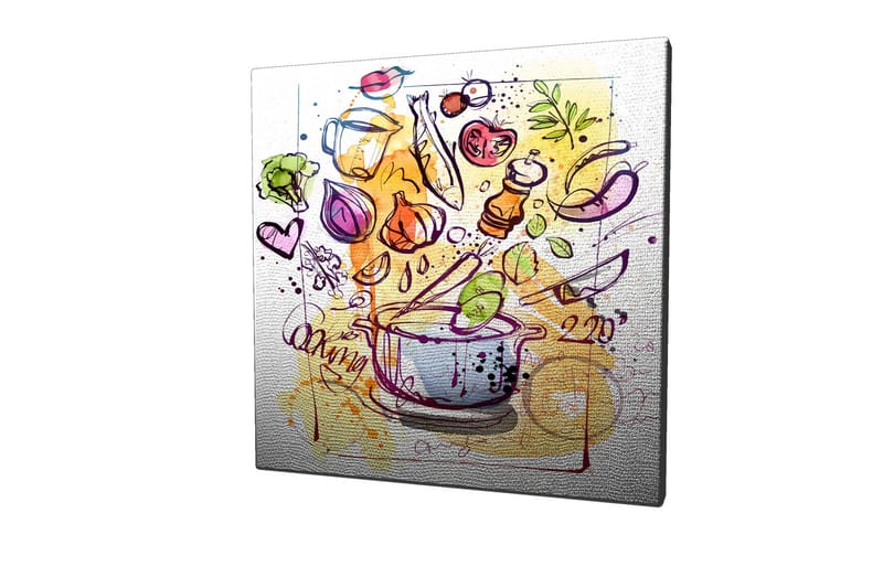 Canvastavla 45x45 cm - Färgglad komposition med köksredskap och grönsaker - Grön / Lila / Orange - Inredning & dekor - Tavlor & konst - Canvastavla