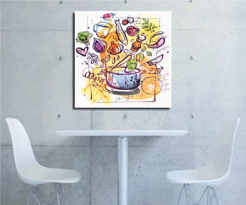 Canvastavla 45x45 cm - Färgglad komposition med köksredskap och grönsaker - Grön / Lila / Orange - Inredning & dekor - Tavlor & konst - Canvastavla