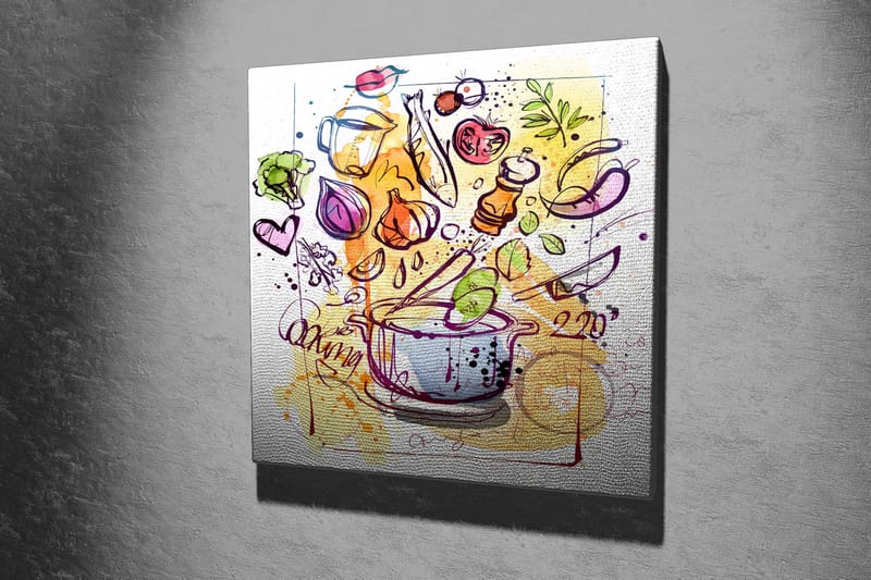 Canvastavla 45x45 cm - Färgglad komposition med köksredskap och grönsaker - Grön / Lila / Orange - Inredning & dekor - Tavlor & konst - Canvastavla