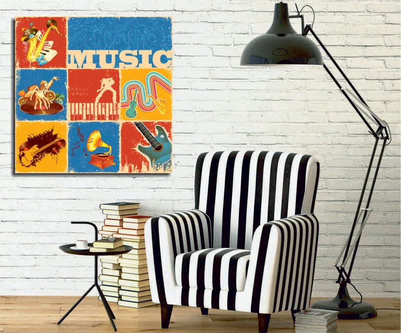 Canvastavla 45x45 cm - Färgglad musikaliskt inspirerad komposition med instrument och noter - Blå / Röd / Gul - Inredning & dekor - Tavlor & konst - Canvastavla