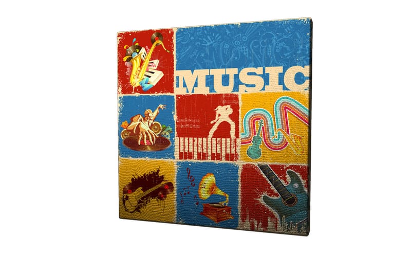Canvastavla 45x45 cm - Färgglad musikaliskt inspirerad komposition med instrument och noter - Blå / Röd / Gul - Inredning & dekor - Tavlor & konst - Canvastavla
