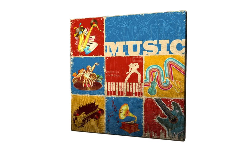 Canvastavla 45x45 cm - Färgglad musikaliskt inspirerad komposition med instrument och noter - Blå / Röd / Gul - Inredning & dekor - Tavlor & konst - Canvastavla