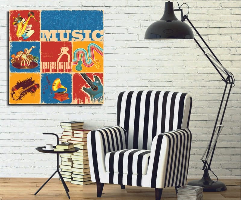 Canvastavla 45x45 cm - Färgglad musikaliskt inspirerad komposition med instrument och noter - Blå / Röd / Gul - Inredning & dekor - Tavlor & konst - Canvastavla