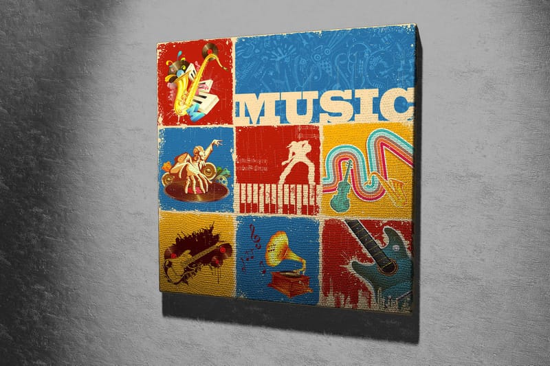 Canvastavla 45x45 cm - Färgglad musikaliskt inspirerad komposition med instrument och noter - Blå / Röd / Gul - Inredning & dekor - Tavlor & konst - Canvastavla