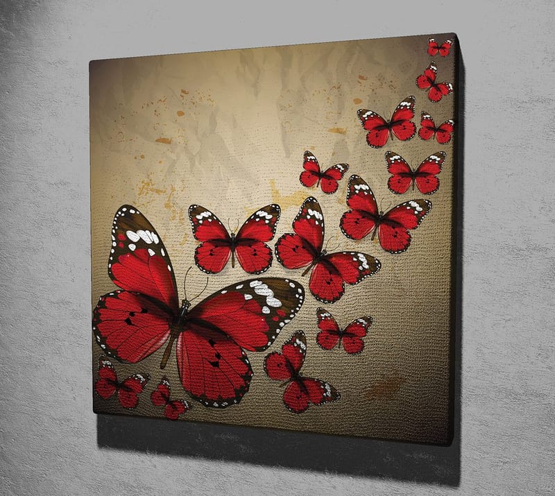 Canvastavla 45x45 cm - Färgglad samling av fjärilar i röd nyans - Röd / Svart / Beige - Inredning & dekor - Tavlor & konst - Canvastavla