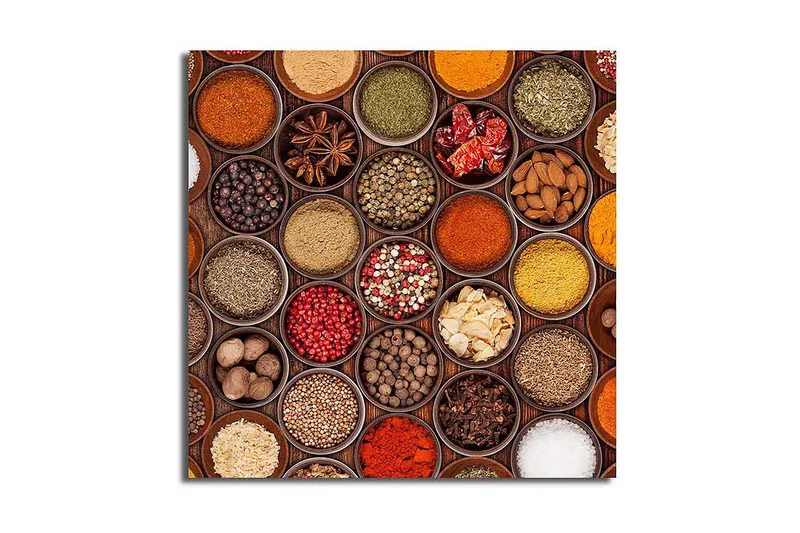 Canvastavla 45x45 cm - Färgglad samling av kryddor i skålar, Röd / Gul / Grön