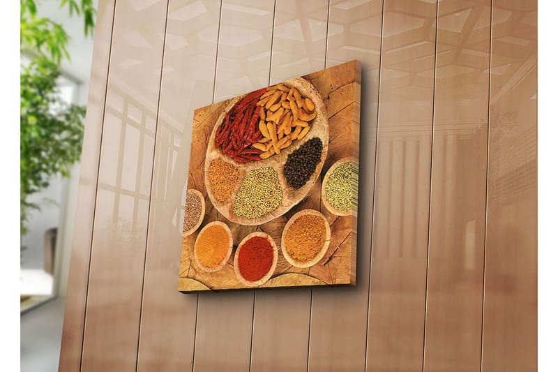 Canvastavla 45x45 cm - Färgglad samling av kryddor och örter på en rund tallrik - Röd / Gul / Brun - Inredning & dekor - Tavlor & konst - Canvastavla