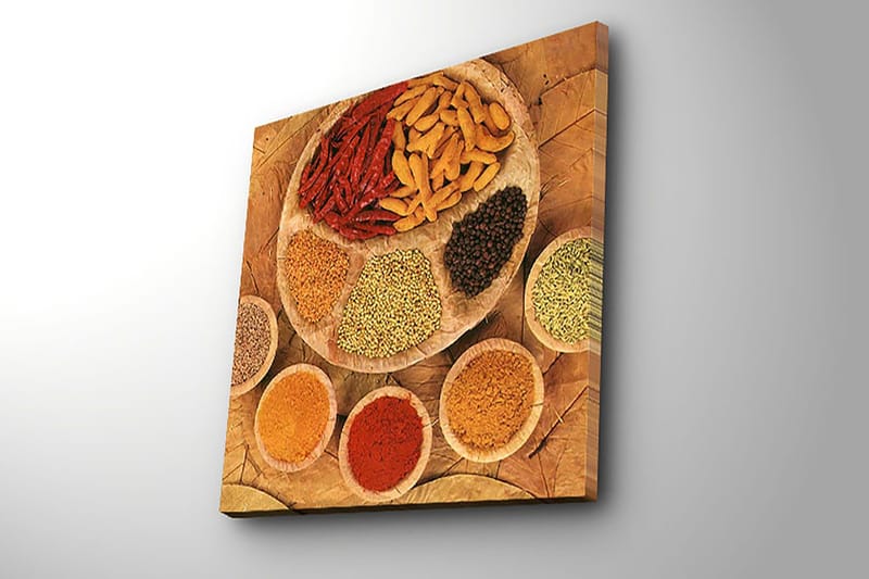 Canvastavla 45x45 cm - Färgglad samling av kryddor och örter på en rund tallrik - Röd / Gul / Brun - Inredning & dekor - Tavlor & konst - Canvastavla