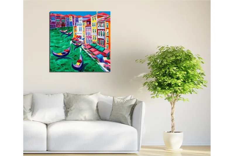 Canvastavla 45x45 cm - Färgglad vy av en kanal med gondoler och färgglada byggnader - Grön / Röd / Blå - Inredning & dekor - Tavlor & konst - Canvastavla