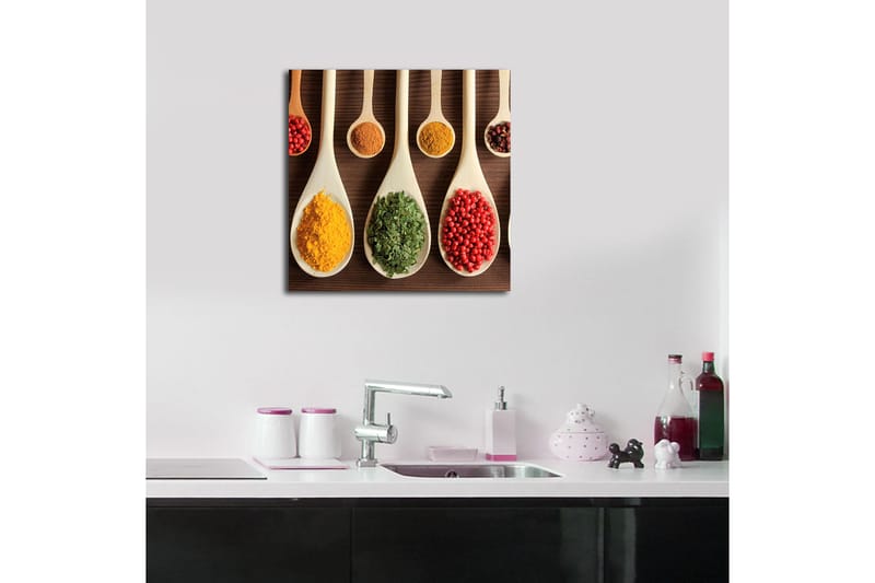 Canvastavla 45x45 cm - Färgglada kryddor i träskedar - Gul / Grön / Röd - Inredning & dekor - Tavlor & konst - Canvastavla