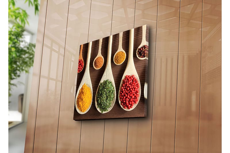 Canvastavla 45x45 cm - Färgglada kryddor i träskedar - Gul / Grön / Röd - Inredning & dekor - Tavlor & konst - Canvastavla