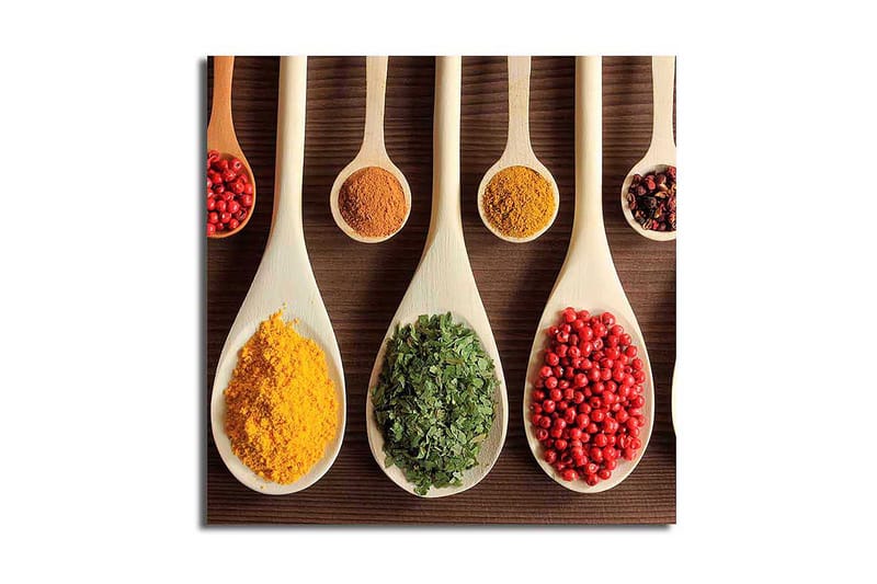 Canvastavla 45x45 cm - Färgglada kryddor i träskedar, Gul / Grön / Röd