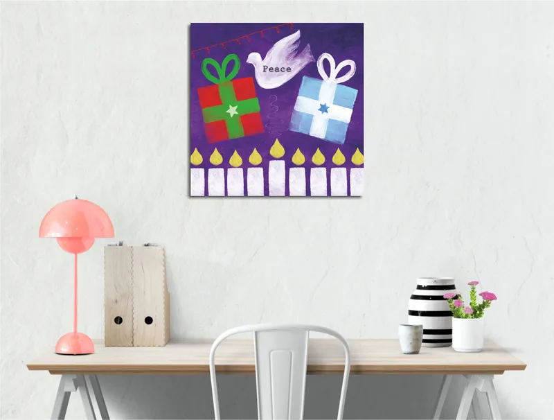 Canvastavla 45x45 cm - Färgglada presenter med en fredsduva i en lekfull komposition, Grön / Röd / Lila