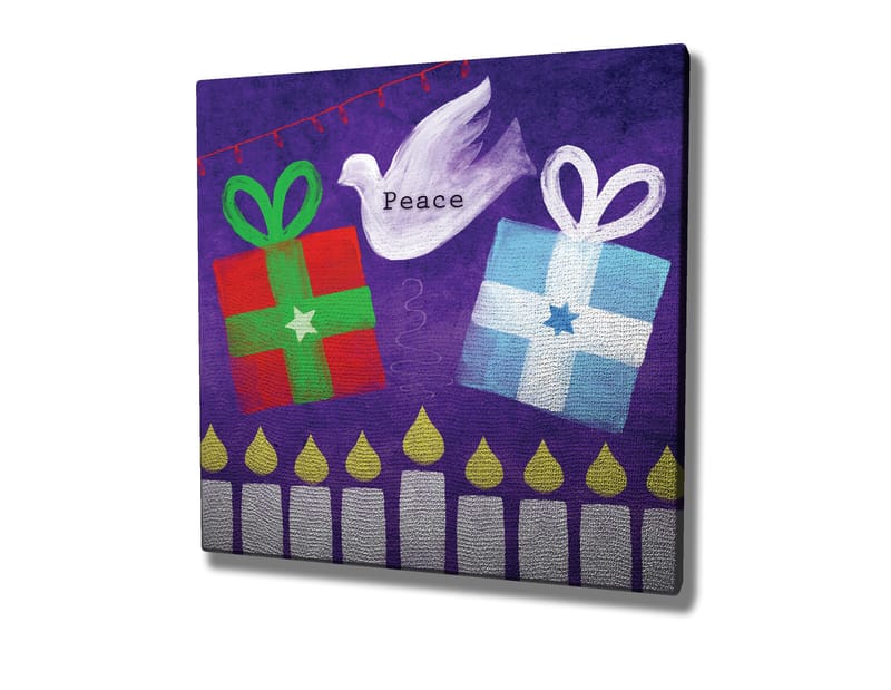 Canvastavla 45x45 cm - Färgglada presenter med en fredsduva i en lekfull komposition - Grön / Röd / Lila - Inredning & dekor - Tavlor & konst - Canvastavla