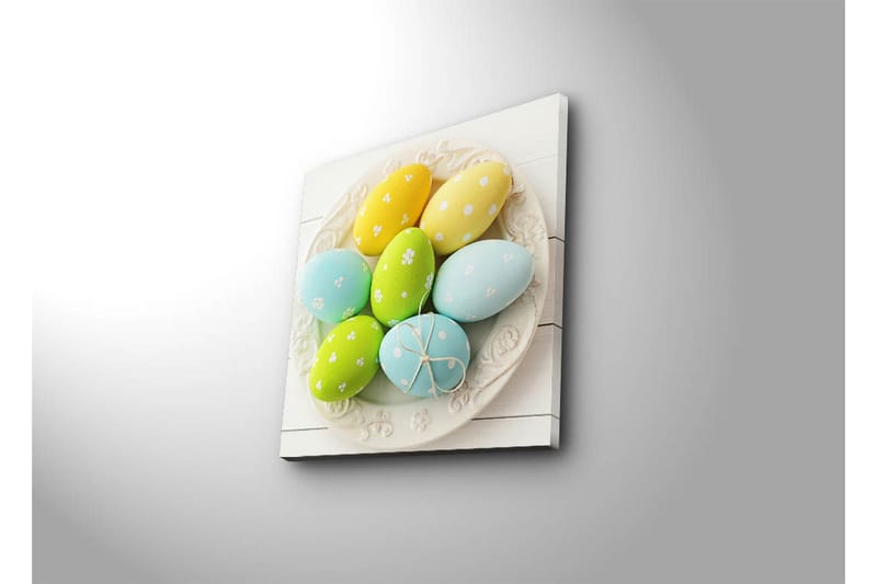 Canvastavla 45x45 cm - Färgglada påskägg på en vit tallrik - Gul / Grön / Blå - Inredning & dekor - Tavlor & konst - Canvastavla