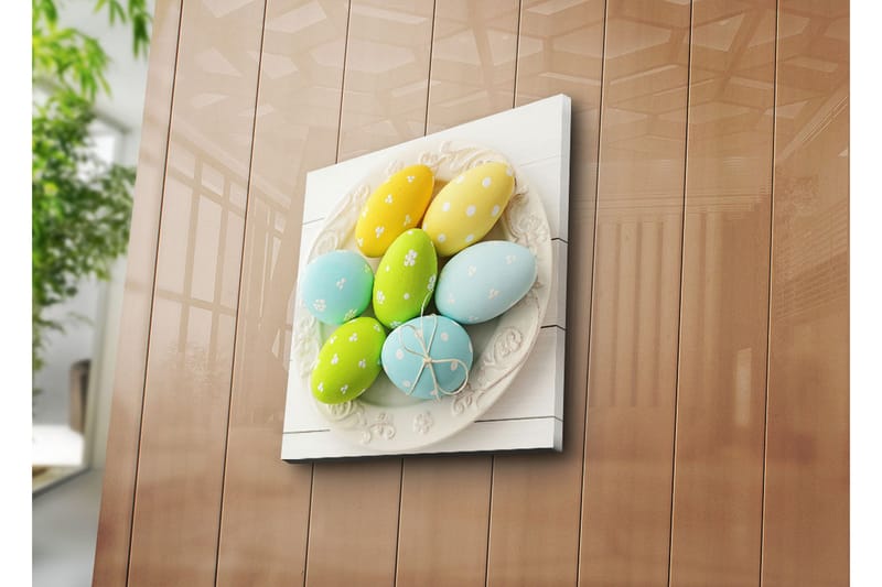 Canvastavla 45x45 cm - Färgglada påskägg på en vit tallrik - Gul / Grön / Blå - Inredning & dekor - Tavlor & konst - Canvastavla