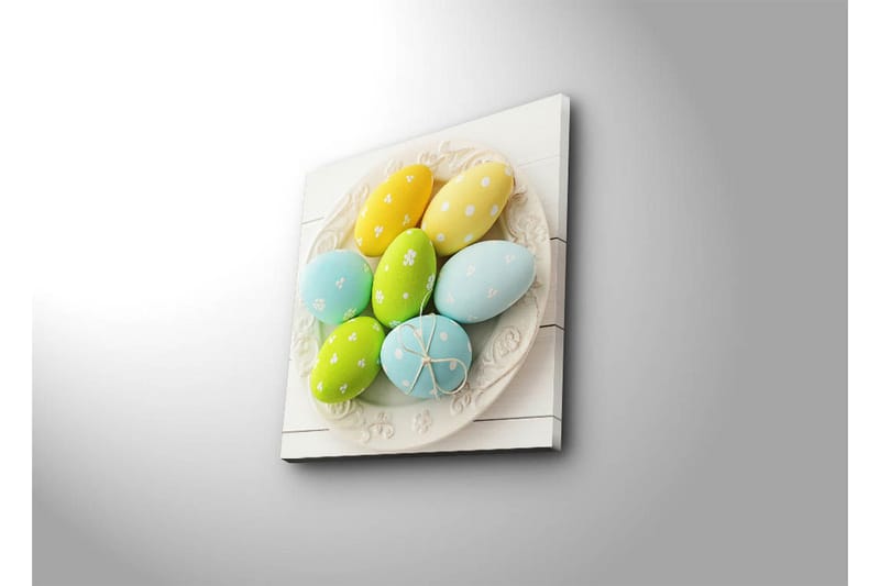 Canvastavla 45x45 cm - Färgglada påskägg på en vit tallrik - Gul / Grön / Blå - Inredning & dekor - Tavlor & konst - Canvastavla